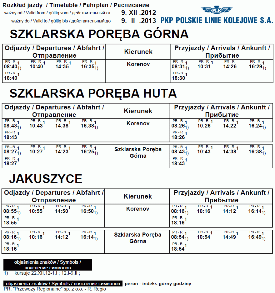 Rozkład jazdy 2013 Szklarska Poręba Górna Huta Jakuszyce